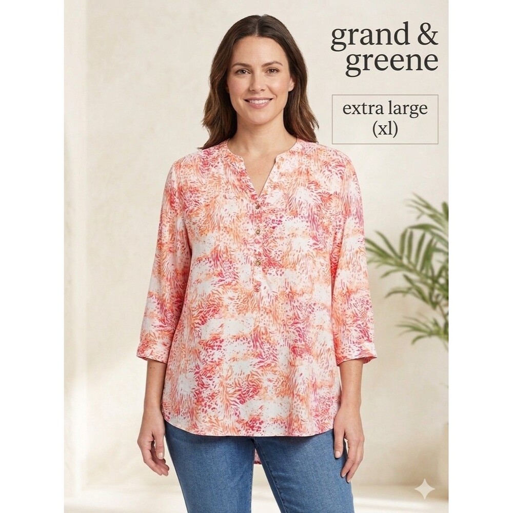 grand & greene Women's Woven V-Neck Animal Print Tunic Blouse 3/4 Sleeve XL